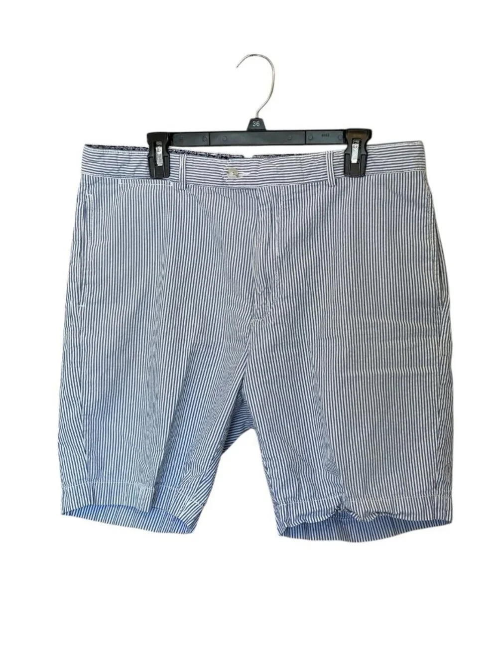 Cremieux Seersucker Shorts Men 36 Blue White Striped Flat Front Summer Casual